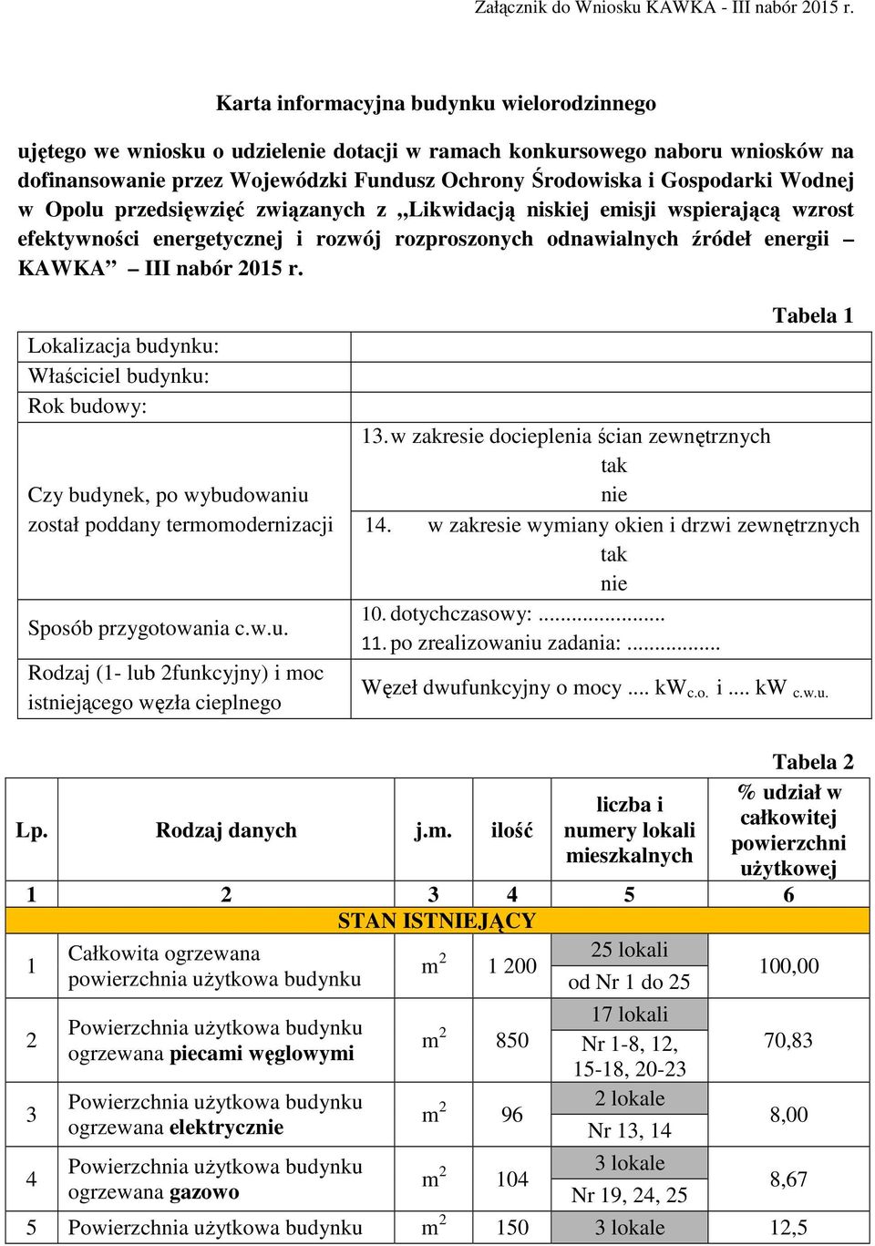 Lokalizacja budynku: Właściciel budynku: Rok budowy: Czy budynek, po wybudowaniu został poddany termomodernizacji Sposób przygotowania c.w.u. Rodzaj (1 lub 2funkcyjny) i moc istniejącego węzła cieplnego Tabela 1 13.