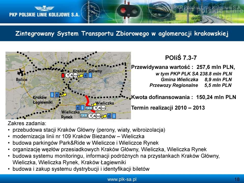 realizacji 2010 2013 Zakres zadania: przebudowa stacji Kraków Główny (perony, wiaty, wibroizolacja) modernizacja linii nr 109 Kraków Bieżanów Wieliczka budowa parkingów Park&Ride w Wieliczce i