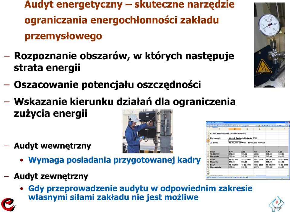 Wskazanie kierunku działań dla ograniczenia zużycia energii Audyt wewnętrzny Wymaga posiadania