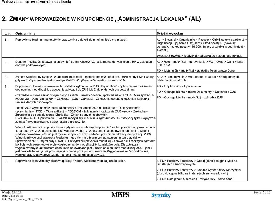 W oknie SY0070L > Modyfikuj > Strzałka do następnego rekordu 2. Dodano możliwość nadawania uprawnień do przycisków AC na formatce danych klienta RP w zakładce danych podstawowych. 3.