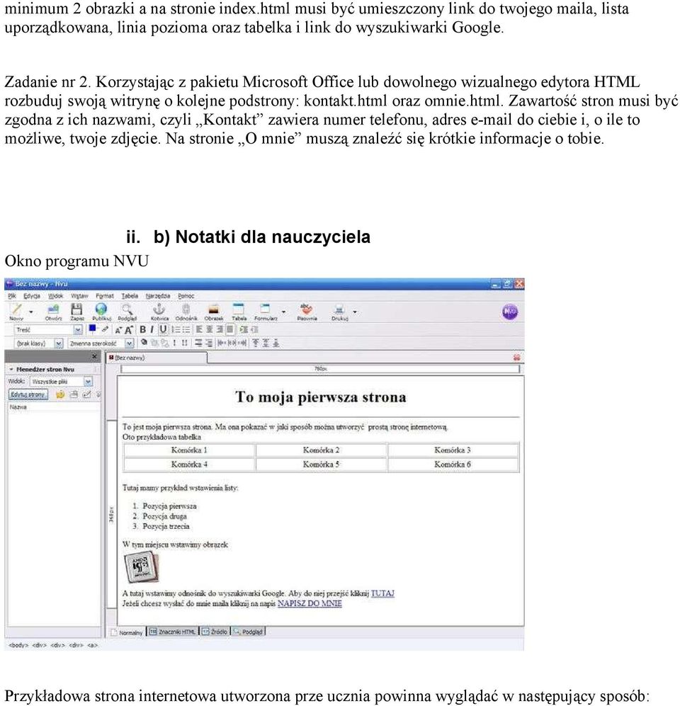 oraz omnie.html. Zawartość stron musi być zgodna z ich nazwami, czyli Kontakt zawiera numer telefonu, adres e-mail do ciebie i, o ile to możliwe, twoje zdjęcie.