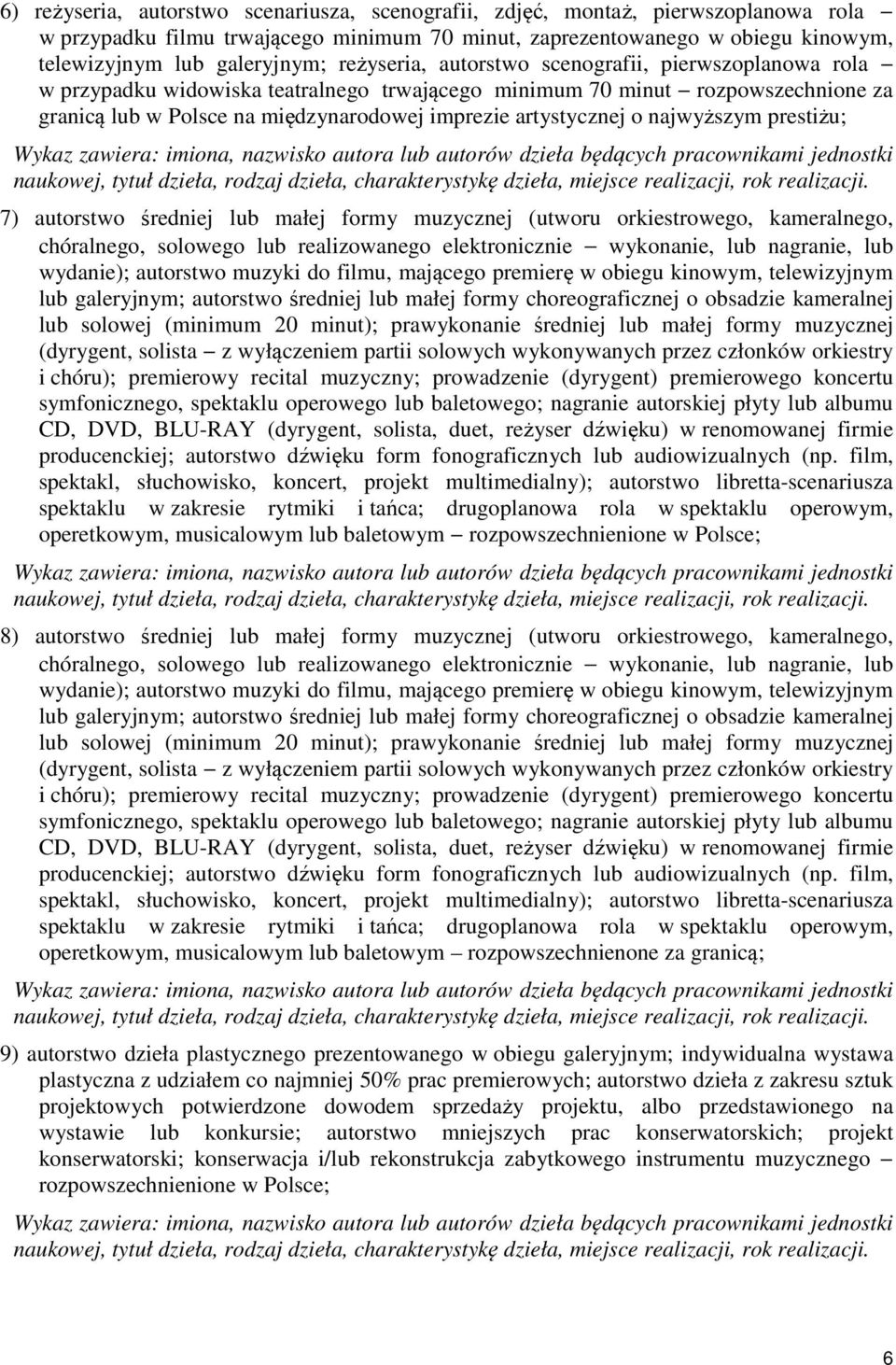 o najwyższym prestiżu; Wykaz zawiera: imiona, nazwisko autora lub autorów dzieła będących pracownikami jednostki naukowej, tytuł dzieła, rodzaj dzieła, charakterystykę dzieła, miejsce realizacji, rok