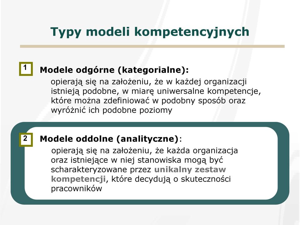 podobne poziomy 2 Modele oddolne (analityczne): opierają się na założeniu, że każda organizacja oraz istniejące w