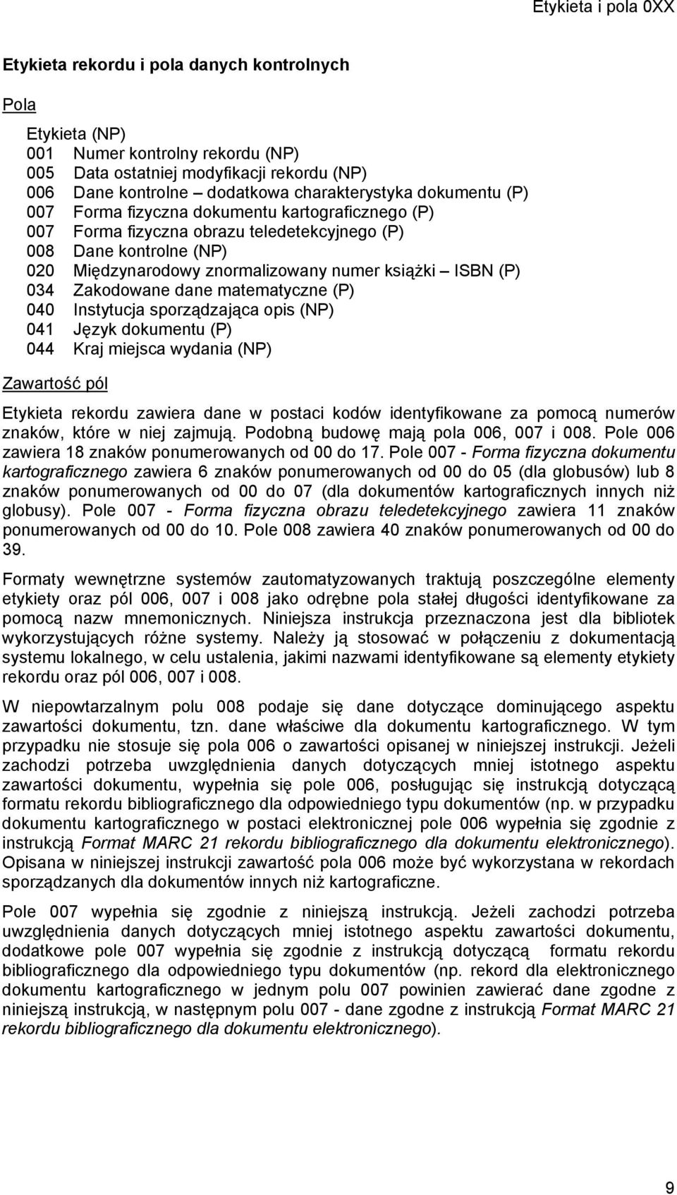 ISBN (P) 034 Zakodowane dane matematyczne (P) 040 Instytucja sporządzająca opis (NP) 041 Język dokumentu (P) 044 Kraj miejsca wydania (NP) Zawartość pól Etykieta rekordu zawiera dane w postaci kodów