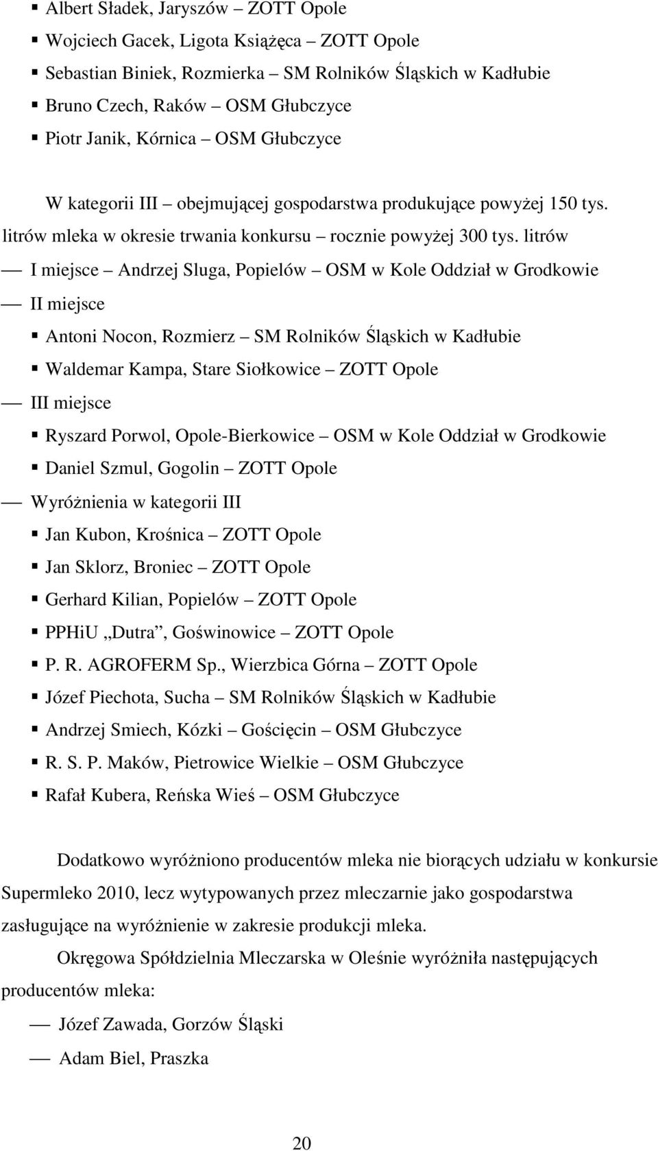 litrów I miejsce Andrzej Sluga, Popielów OSM w Kole Oddział w Grodkowie II miejsce Antoni Nocon, Rozmierz SM Rolników Śląskich w Kadłubie Waldemar Kampa, Stare Siołkowice ZOTT Opole III miejsce
