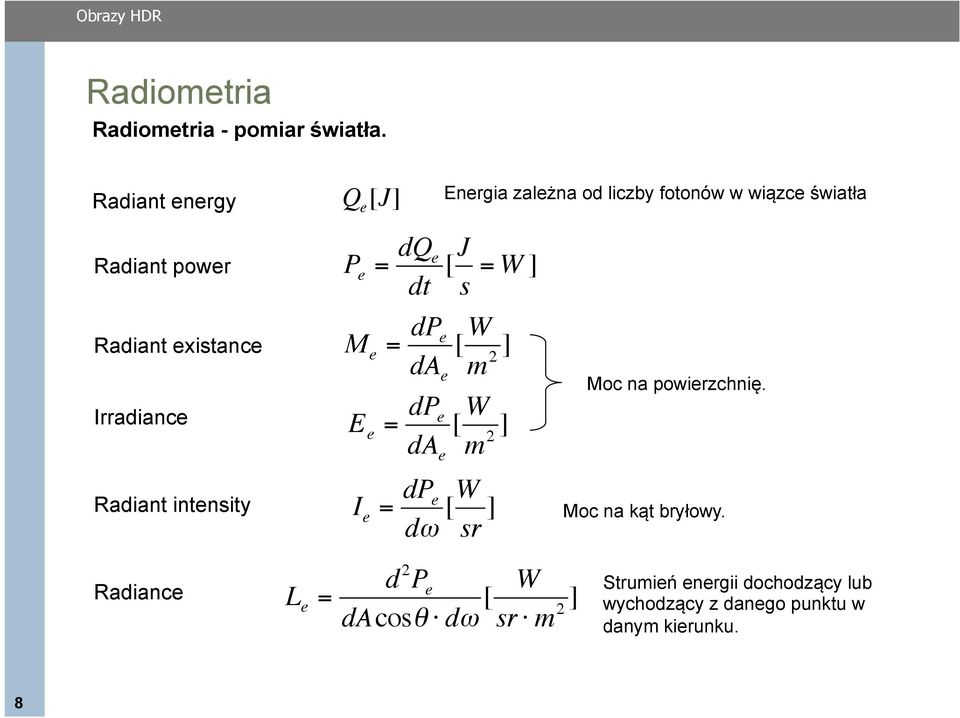 Irradiance Radiant intensity Radiance L e = P e = dq e dt [J s = W ] M e = dp e da e [ W m 2 ] E e = dp e da e