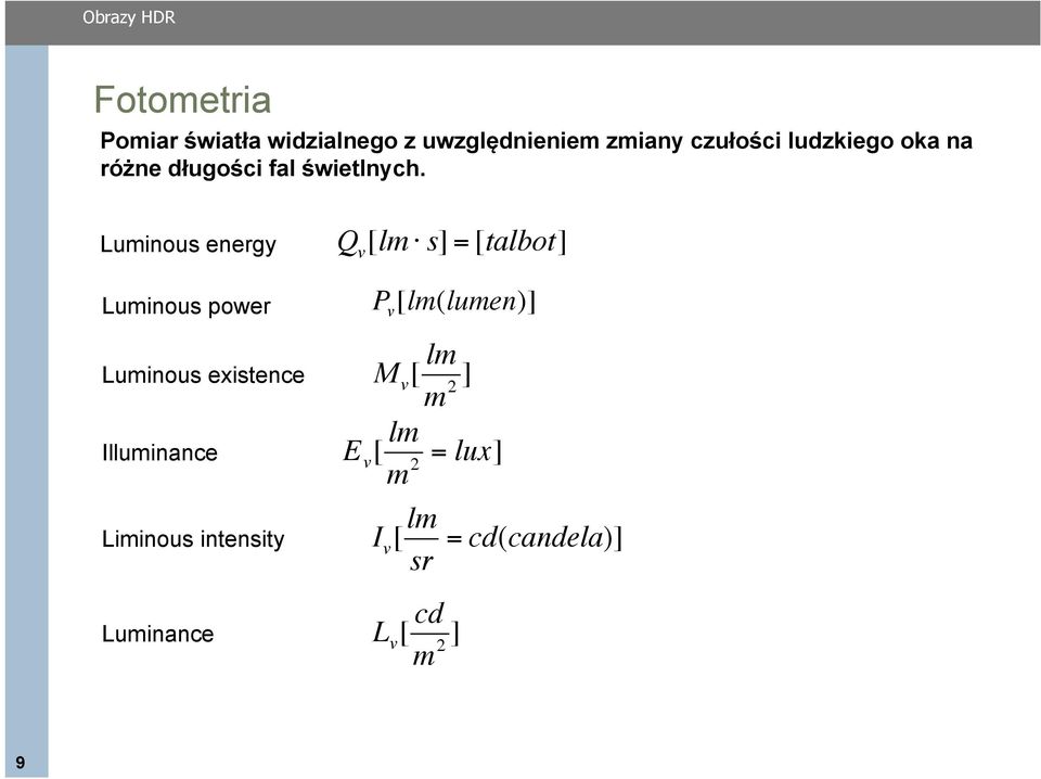 Luminous energy Luminous power Luminous existence Illuminance Liminous intensity