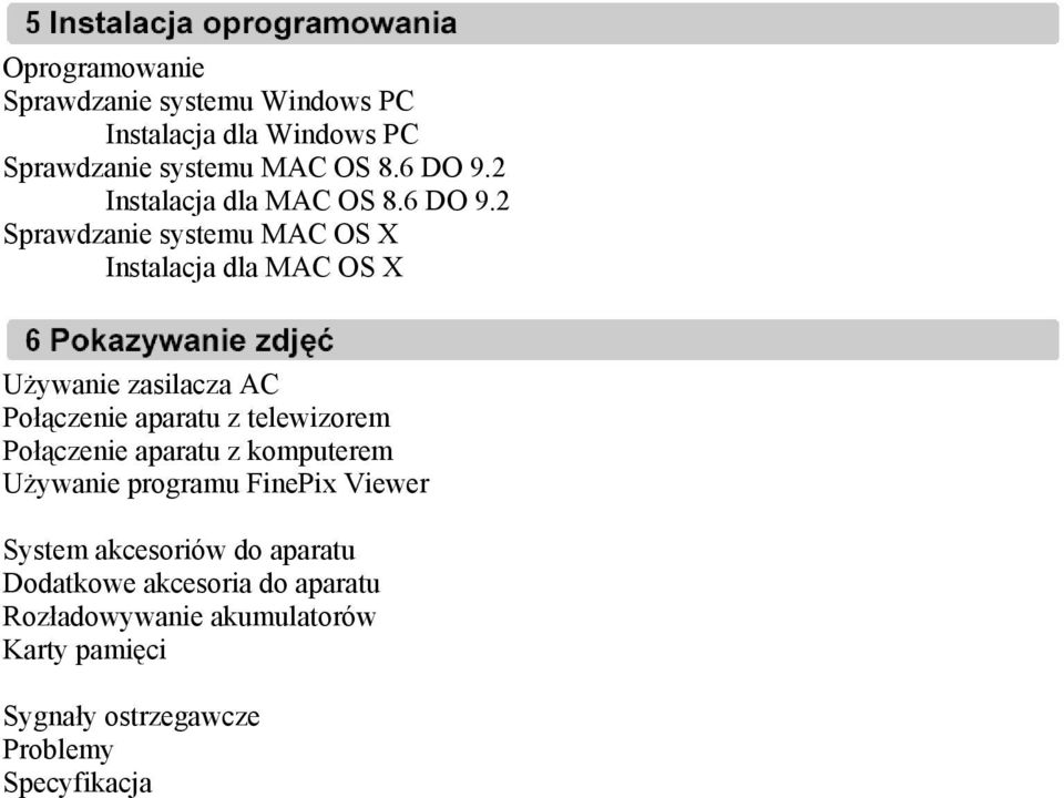 2 Sprawdzanie systemu MAC OS X Instalacja dla MAC OS X Używanie zasilacza AC Połączenie aparatu z telewizorem