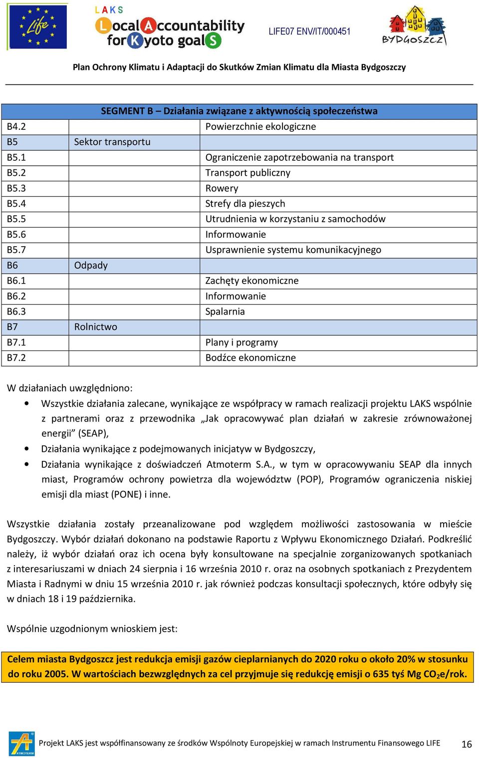 7 Usprawnienie systemu komunikacyjnego B6 Odpady B6.1 Zachęty ekonomiczne B6.2 Informowanie B6.3 Spalarnia B7 Rolnictwo B7.1 Plany i programy B7.
