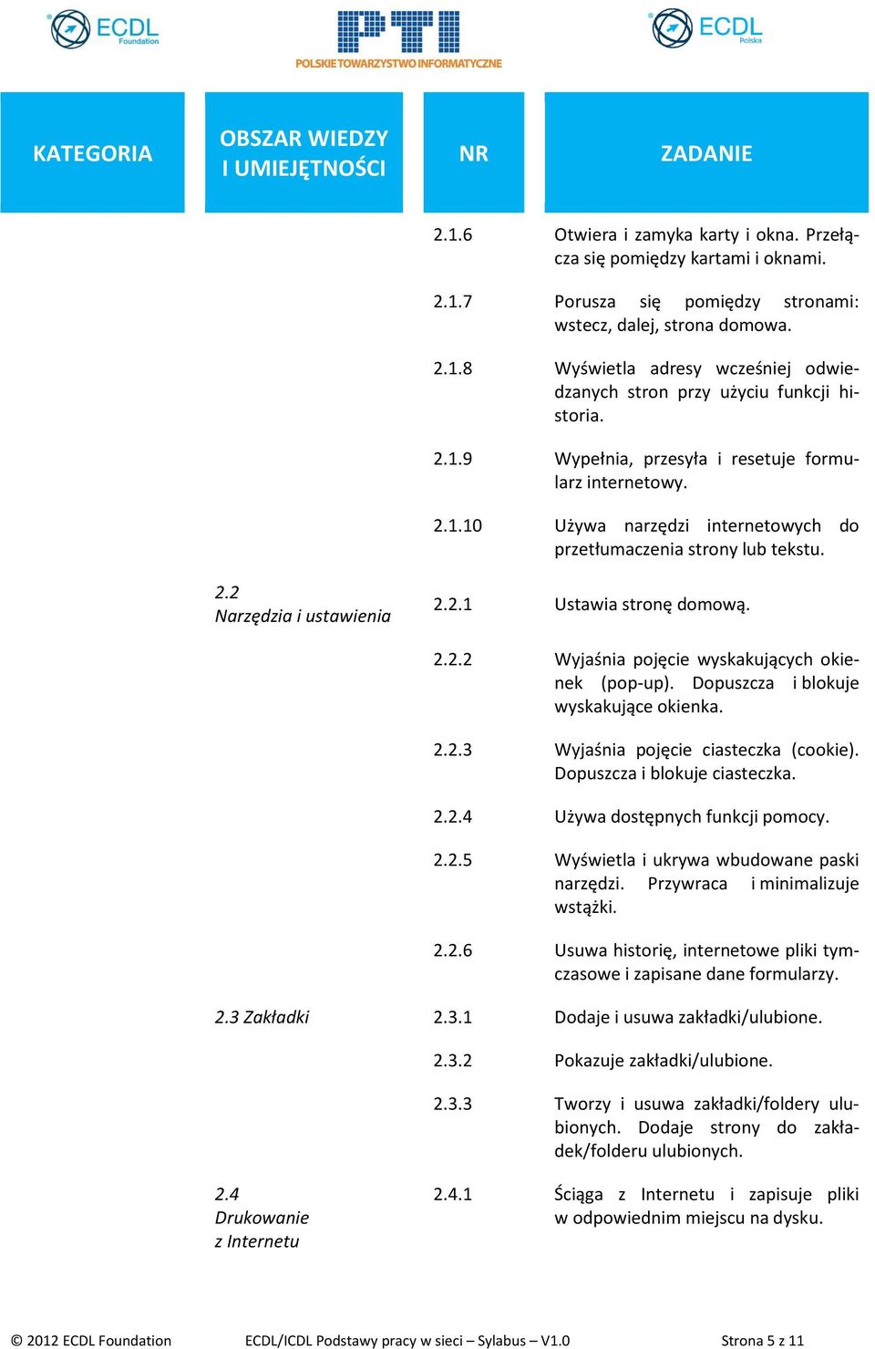 Dopuszcza i blokuje wyskakujące okienka. 2.2.3 Wyjaśnia pojęcie ciasteczka (cookie). Dopuszcza i blokuje ciasteczka. 2.2.4 Używa dostępnych funkcji pomocy. 2.2.5 Wyświetla i ukrywa wbudowane paski narzędzi.