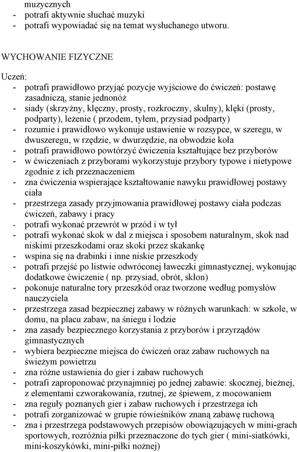 leżenie ( przodem, tyłem, przysiad podparty) - rozumie i prawidłowo wykonuje ustawienie w rozsypce, w szeregu, w dwuszeregu, w rzędzie, w dwurzędzie, na obwodzie koła - potrafi prawidłowo powtórzyć