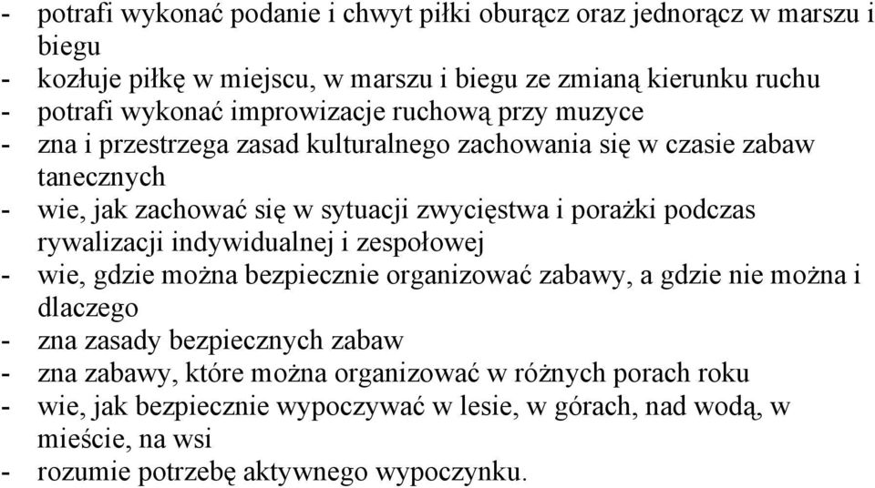 podczas rywalizacji indywidualnej i zespołowej - wie, gdzie można bezpiecznie organizować zabawy, a gdzie nie można i dlaczego - zna zasady bezpiecznych zabaw - zna