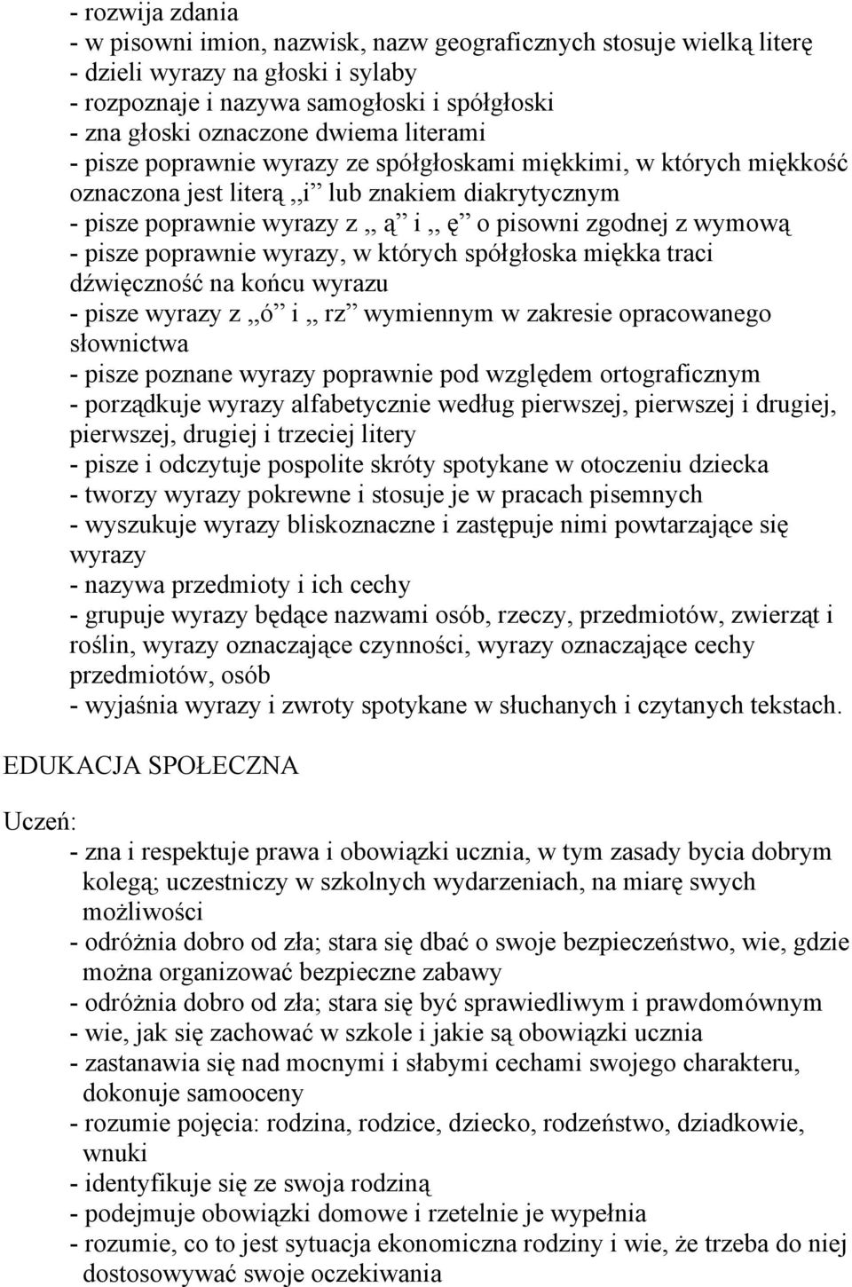 pisze poprawnie wyrazy, w których spółgłoska miękka traci dźwięczność na końcu wyrazu - pisze wyrazy z,,ó i,, rz wymiennym w zakresie opracowanego słownictwa - pisze poznane wyrazy poprawnie pod
