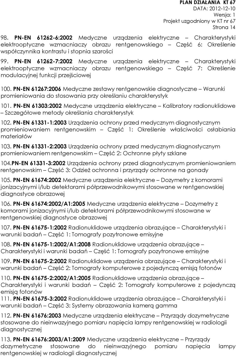 PN-EN 61267:2006 Medyczne zestawy rentgenowskie diagnostyczne Warunki promieniowania do stosowania przy określaniu charakterystyk 101.