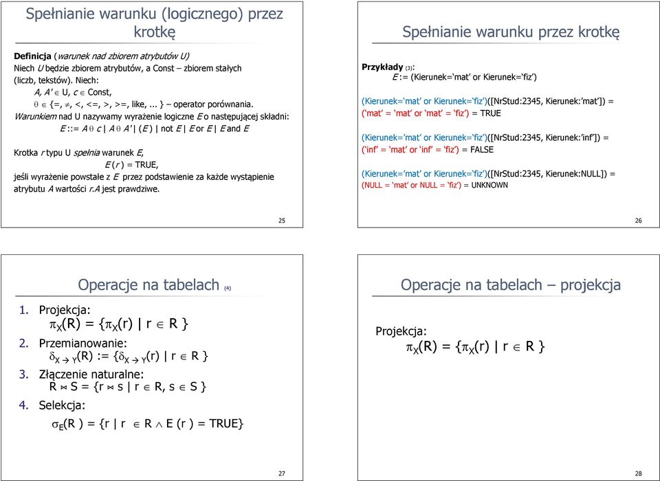 Warunkiem nad U nazywamy wyrażenie logiczne E o następującej składni: E ::= A θ c A θ A' (E ) not E E or E E and E Krotka r typu U spełnia warunek E, E (r ) = TRUE, jeśli wyrażenie powstałe z E przez