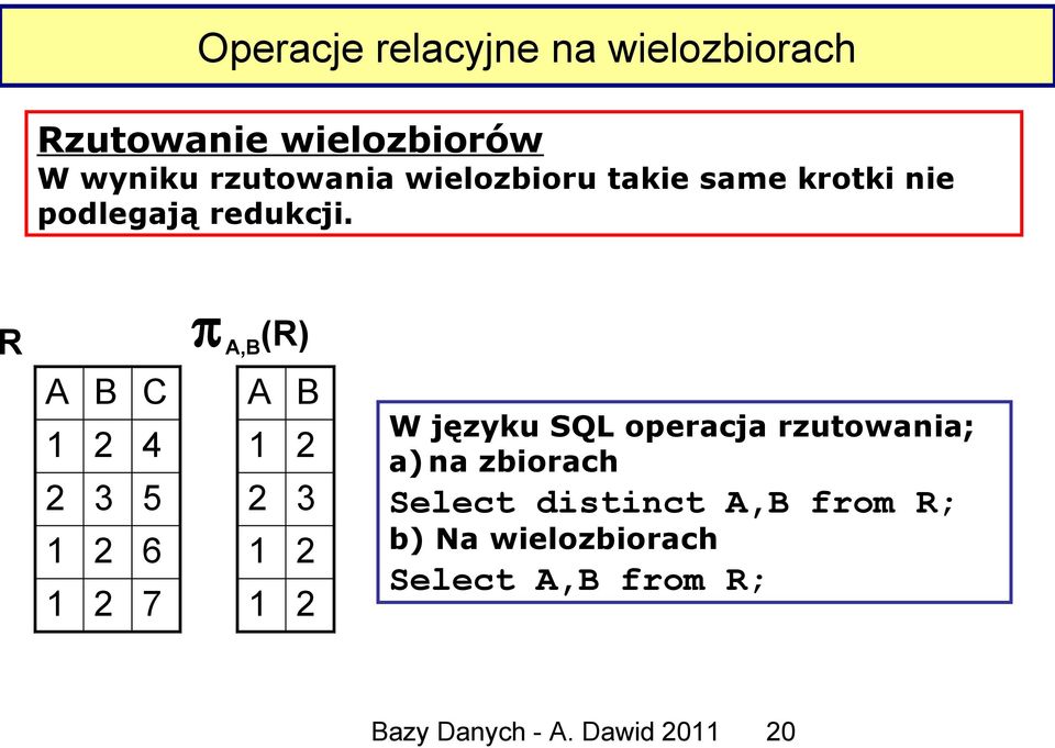 C 4 2 3 5 6 7 π A,B (R) 2 3 W języku SQL operacja rzutowania; a) na zbiorach