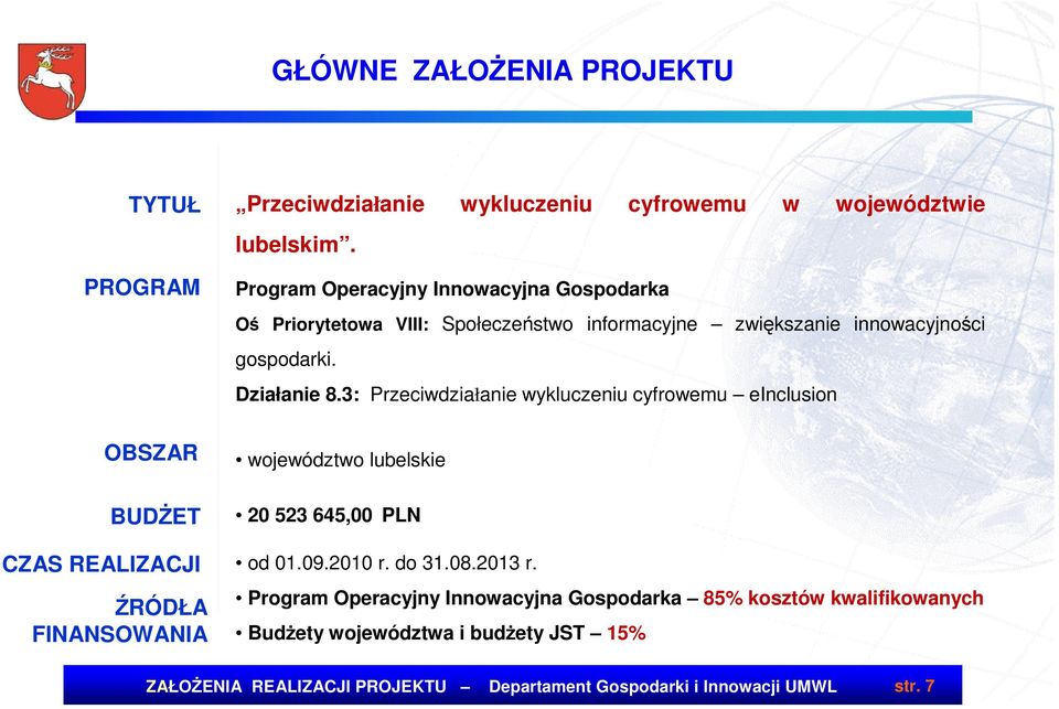 3: Przeciwdziałanie wykluczeniu cyfrowemu einclusion OBSZAR BUDśET CZAS REALIZACJI ŹRÓDŁA FINANSOWANIA województwo lubelskie 20 523 645,00 PLN od 01.09.2010 r. do 31.08.