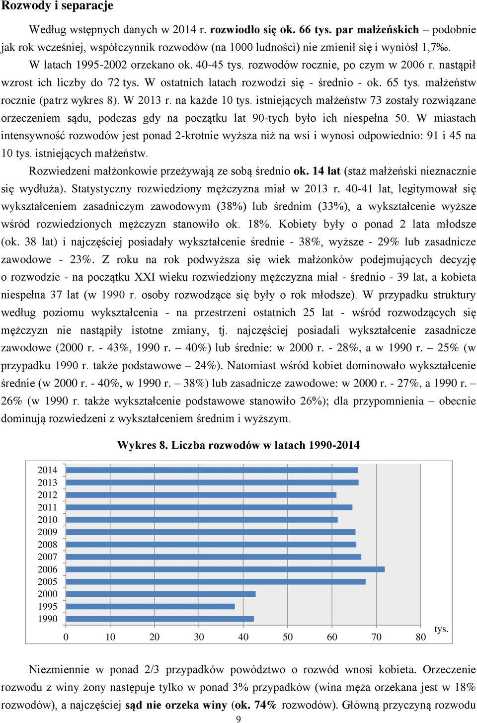 małżeństw rocznie (patrz wykres 8). W 2013 r. na każde 10 tys. istniejących małżeństw 73 zostały rozwiązane orzeczeniem sądu, podczas gdy na początku lat 90-tych było ich niespełna 50.