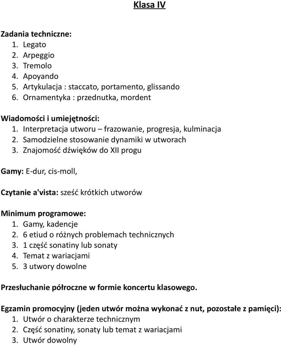 Samodzielne stosowanie dynamiki w utworach 3. Znajomość dźwięków do XII progu Gamy: E-dur, cis-moll, 1. Gamy, kadencje 2.