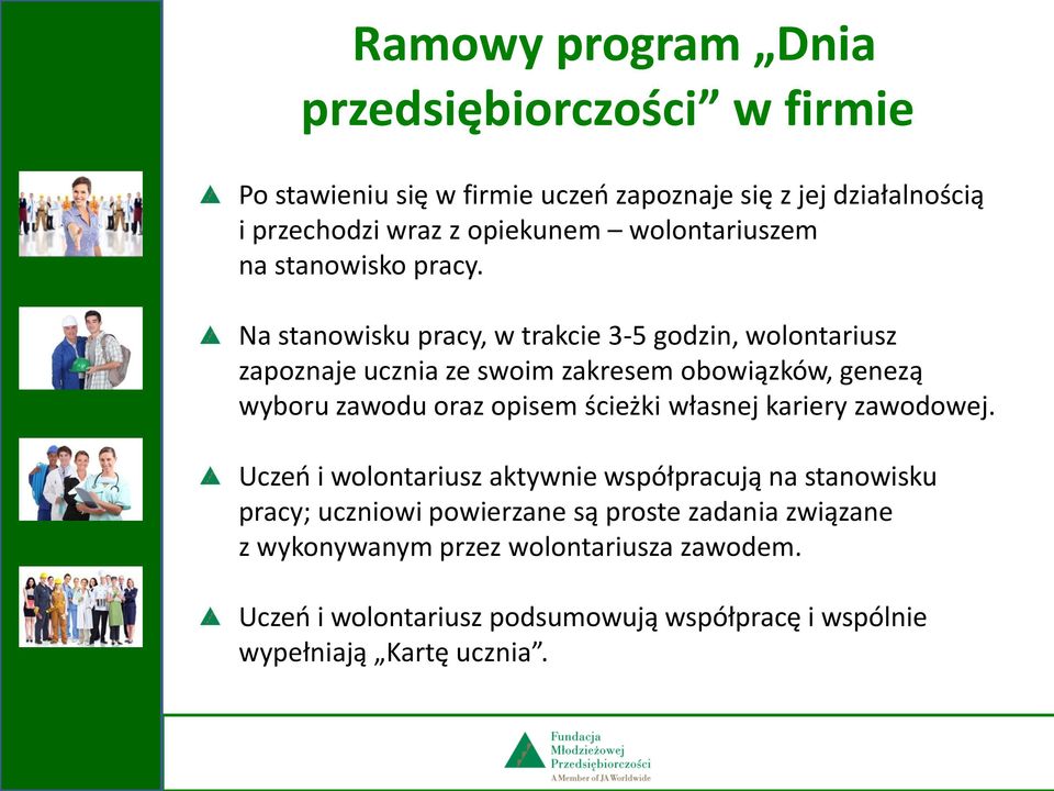 Na stanowisku pracy, w trakcie 3-5 godzin, wolontariusz zapoznaje ucznia ze swoim zakresem obowiązków, genezą wyboru zawodu oraz opisem ścieżki
