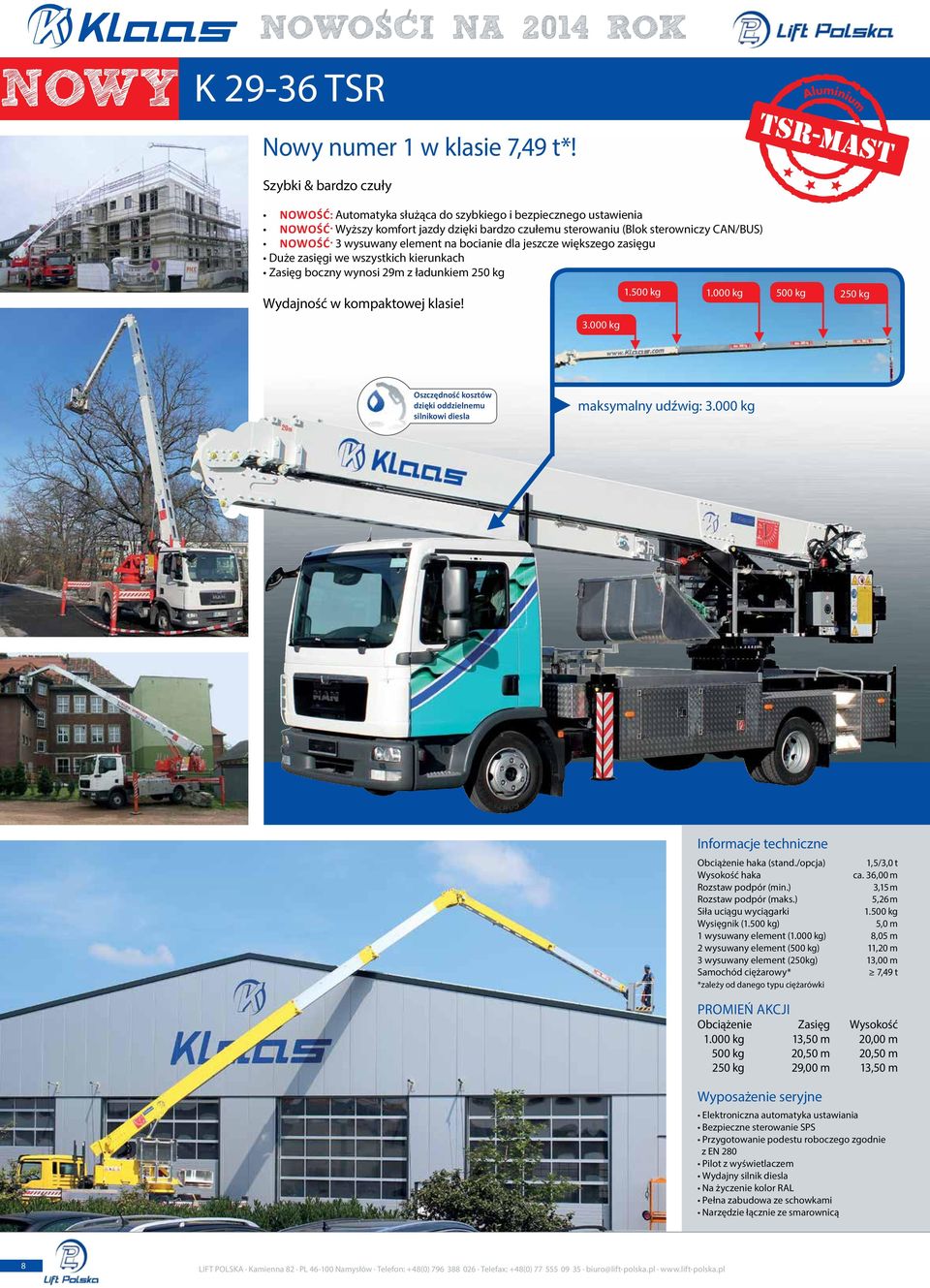 3 wysuwany element na bocianie dla jeszcze większego zasięgu Duże zasięgi we wszystkich kierunkach Zasięg boczny wynosi 29m z ładunkiem 250 kg Wydajność w kompaktowej klasie! 3.000 kg 1.