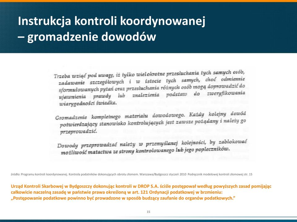 15 Urząd Kontroli Skarbowej w Bydgoszczy dokonując kontroli w DROP S.A.