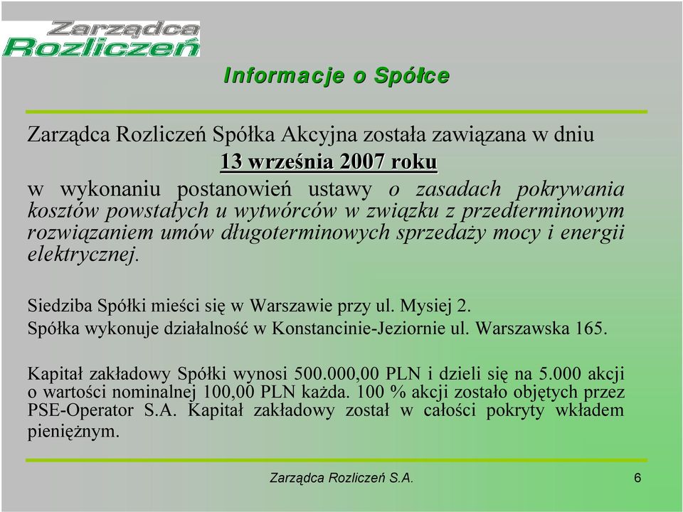 Siedziba Spółki mieści się w Warszawie przy ul. Mysiej 2. Spółka wykonuje działalność w Konstancinie-Jeziornie ul. Warszawska 165. Kapitał zakładowy Spółki wynosi 500.