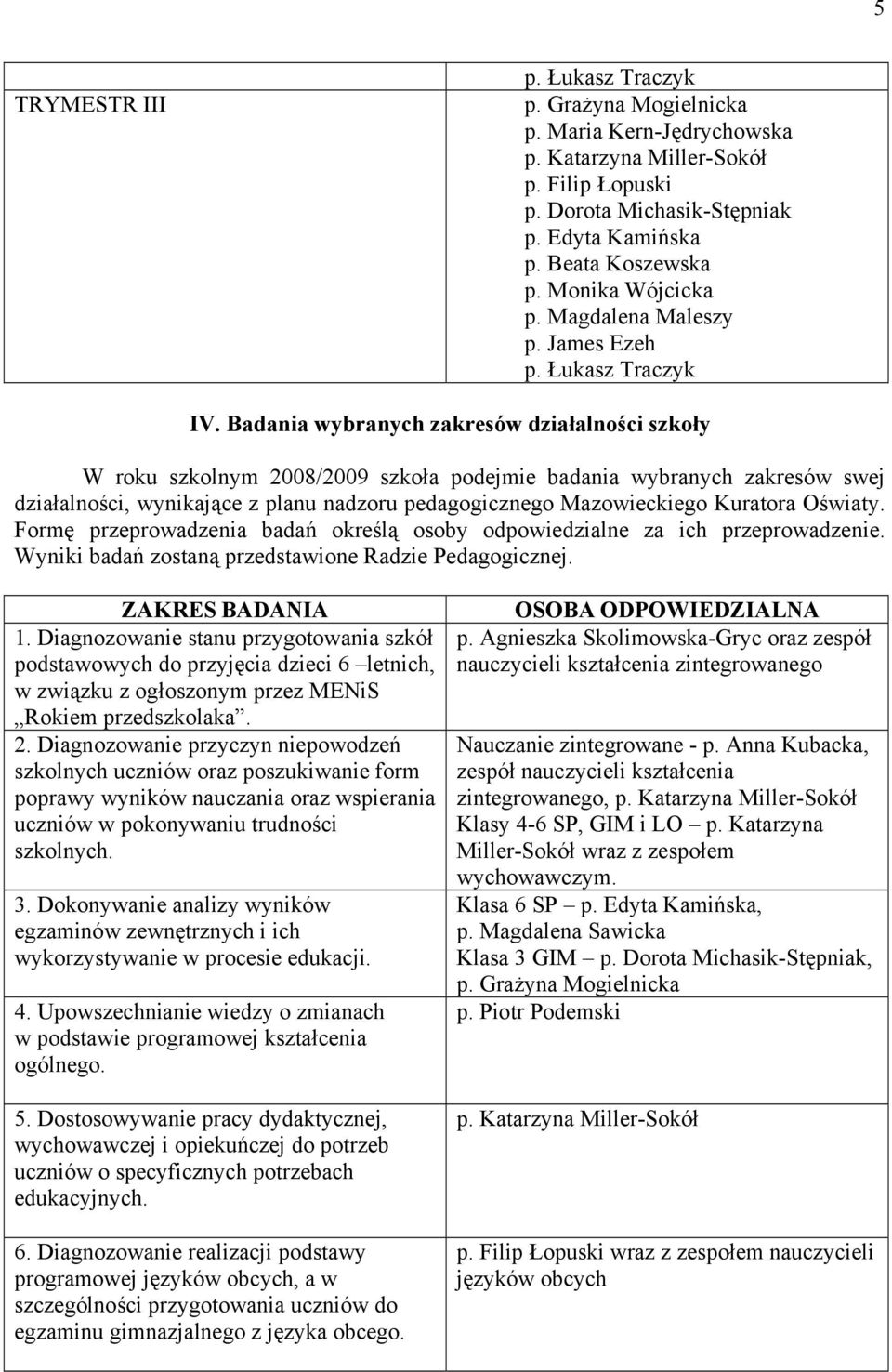 Badania wybranych zakresów działalności szkoły W roku szkolnym 2008/2009 szkoła podejmie badania wybranych zakresów swej działalności, wynikające z planu nadzoru pedagogicznego Mazowieckiego Kuratora