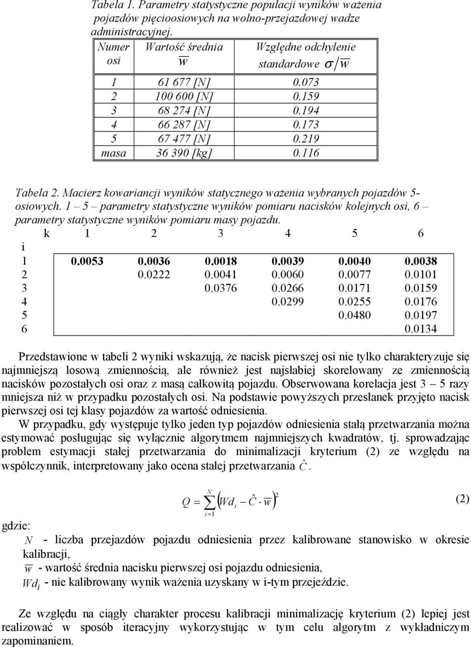 Macierz kowariancji wyników statycznego ważenia wybranych pojazdów 5- osiowych. 5 parametry statystyczne wyników pomiaru nacisków kolejnych osi, 6 parametry statystyczne wyników pomiaru masy pojazdu.