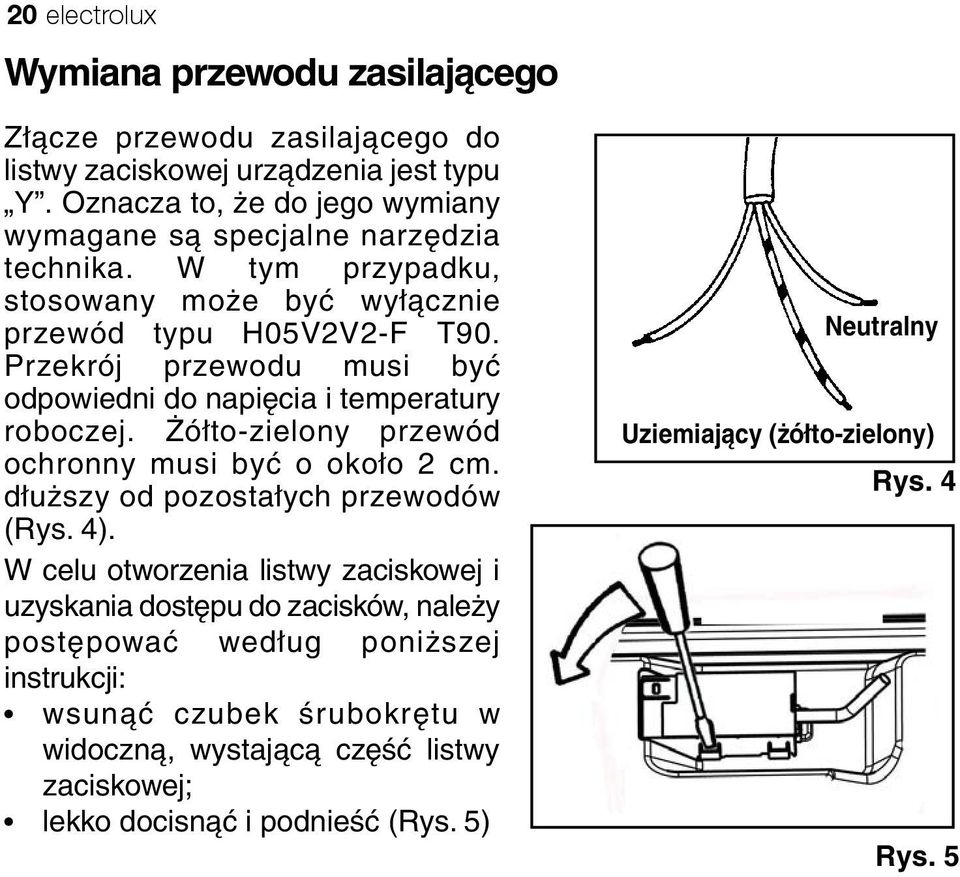Przekrój przewodu musi być odpowiedni do napięcia i temperatury roboczej. Żółto-zielony przewód ochronny musi być o około 2 cm. dłuższy od pozostałych przewodów (Rys. 4).