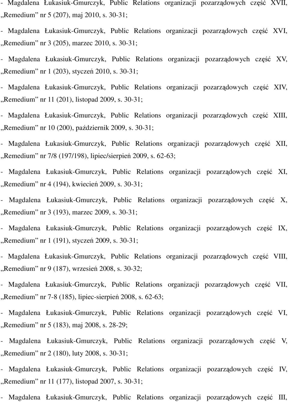 30-31; - Magdalena Łukasiuk-Gmurczyk, Public Relations organizacji pozarządowych część XV, Remedium nr 1 (203), styczeń 2010, s.