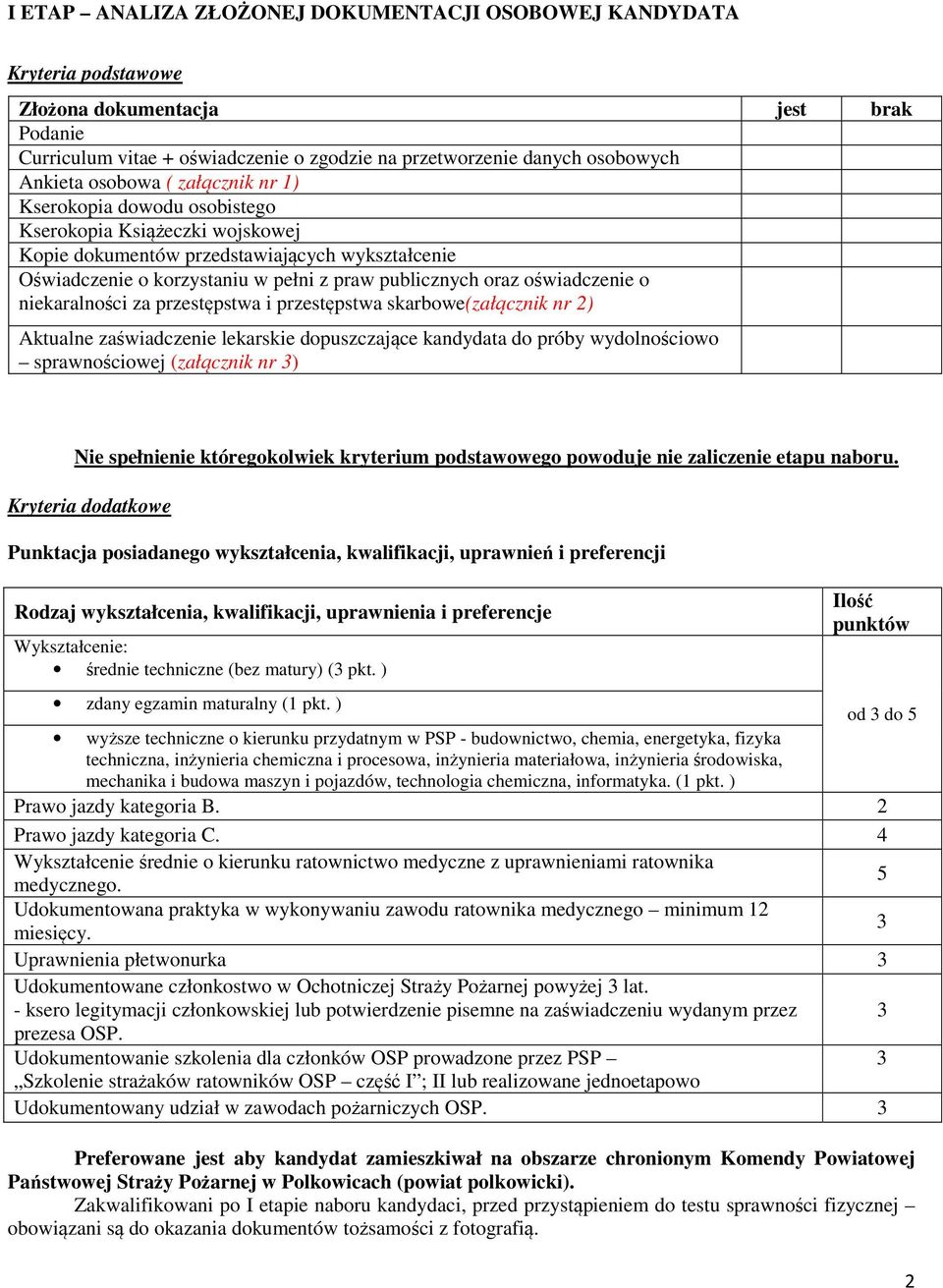 oświadczenie o niekaralności za przestępstwa i przestępstwa skarbowe(załącznik nr 2) Aktualne zaświadczenie lekarskie dopuszczające kandydata do próby wydolnościowo sprawnościowej (załącznik nr ) Nie