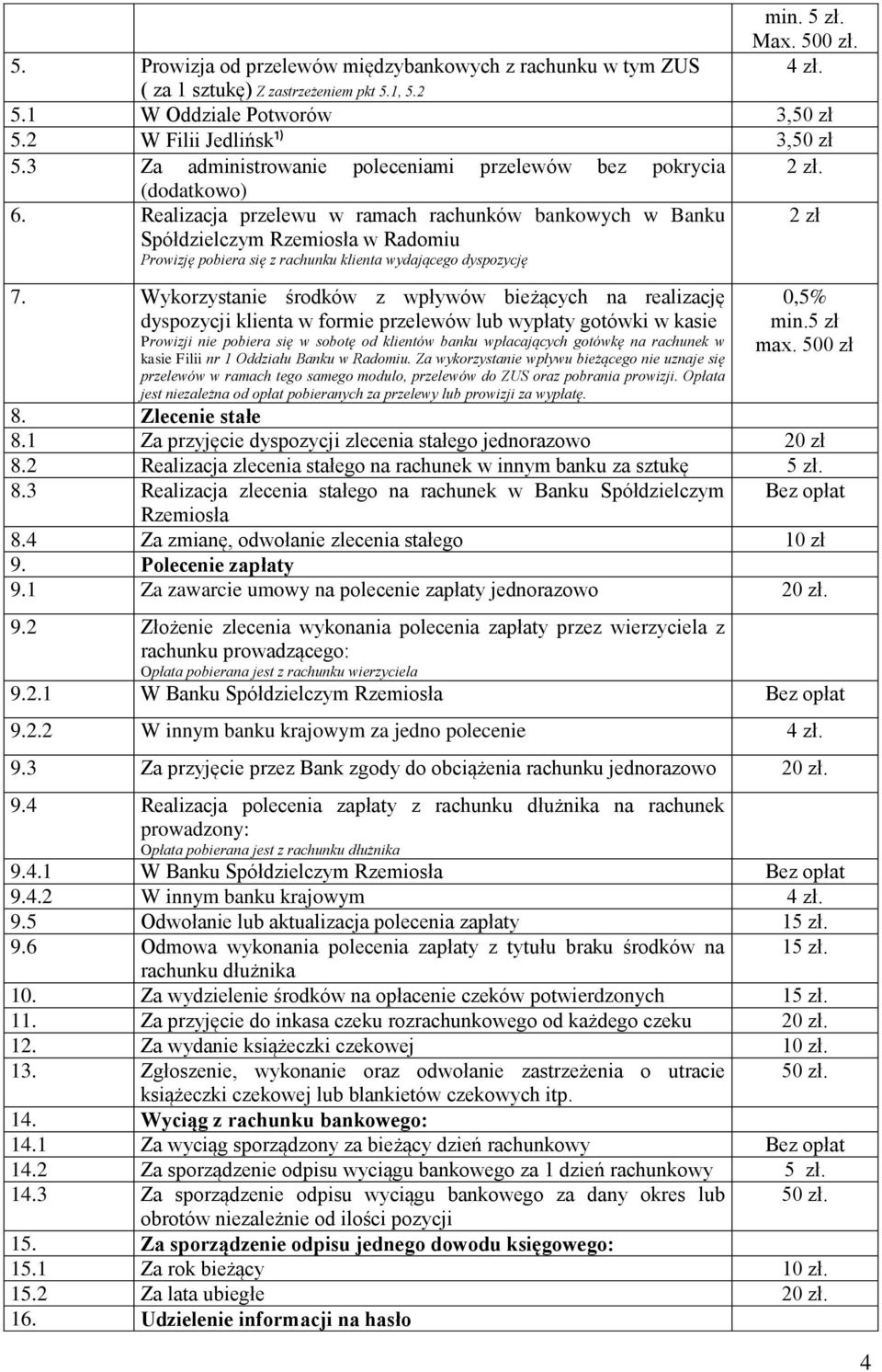 Realizacja przelewu w ramach rachunków bankowych w Banku Spółdzielczym Rzemiosła w Radomiu Prowizję pobiera się z rachunku klienta wydającego dyspozycję 2 zł 7.
