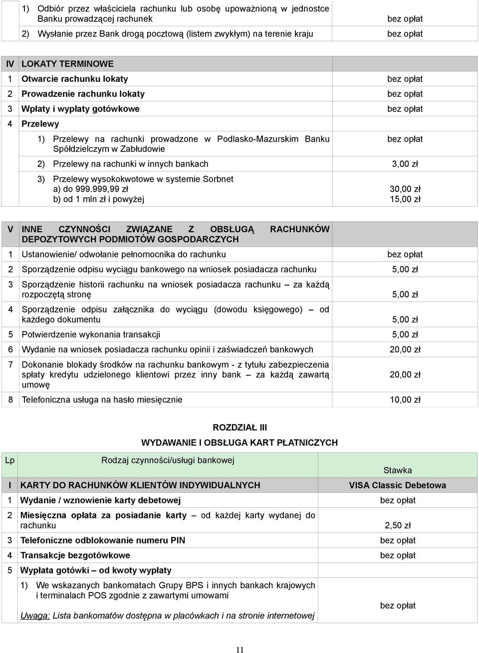 rachunki w innych bankach 3,00 zł 3) Przelewy wysokokwotowe w systemie Sorbnet a) do 999.