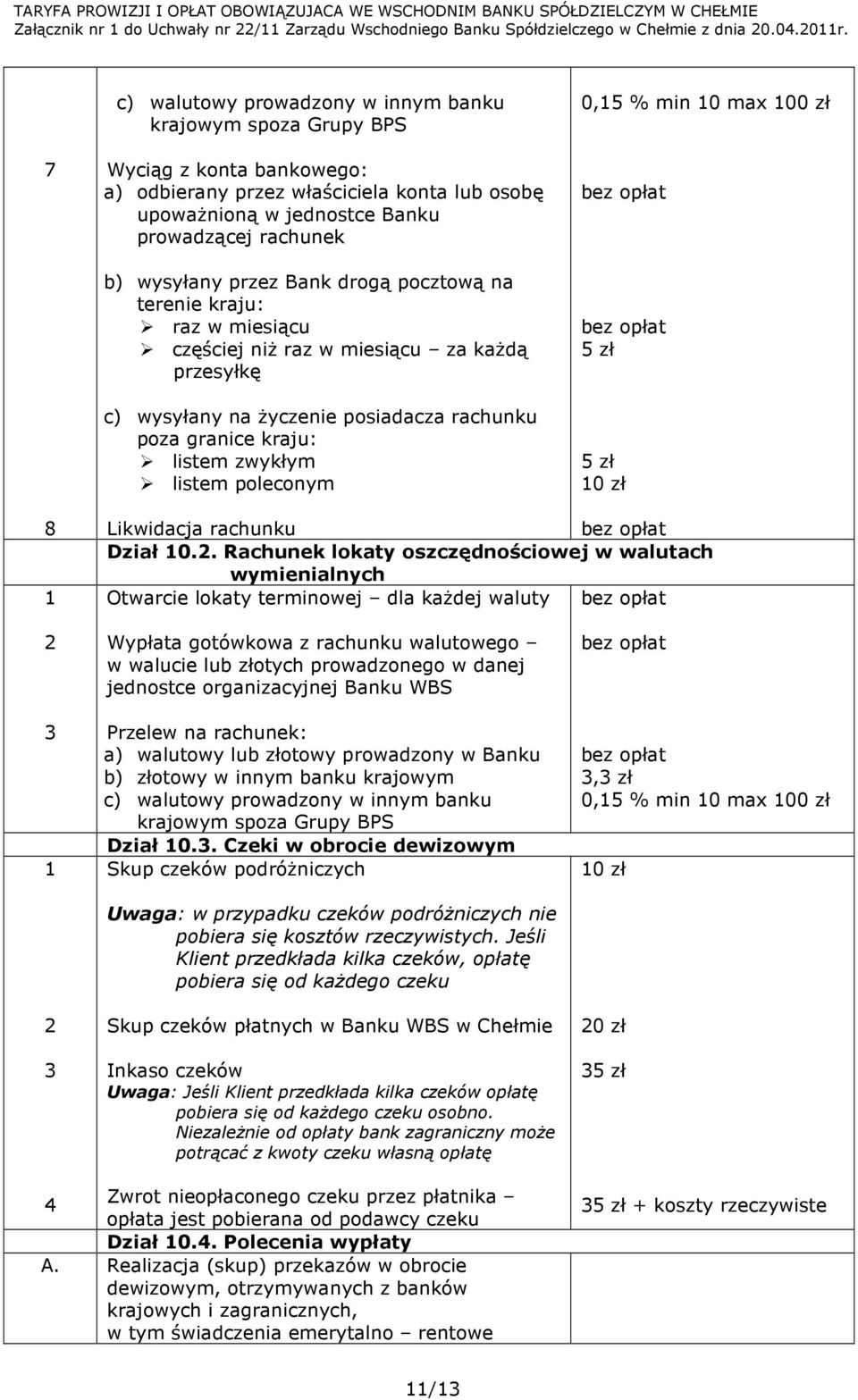 poleconym 0,15 % min 10 max 100 zł 8 1 Likwidacja rachunku Dział 10.