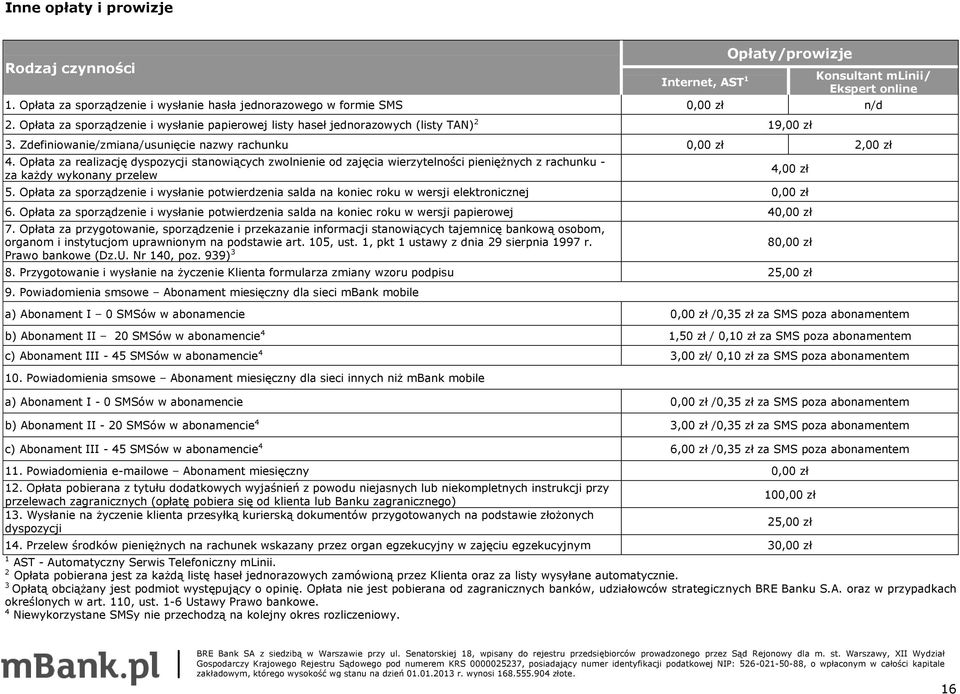 Opłata za realizację dyspozycji stanowiących zwolnienie od zajęcia wierzytelności pieniężnych z rachunku - za każdy wykonany przelew 5.