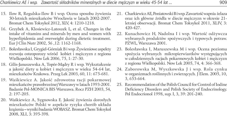 Changes in the intake of vitamins and minerals by men and women with hyperlipidemia and overweight during dietetic treatment. Eur J Clin Nutr 2002, 56,12: 1162-1168. 17.