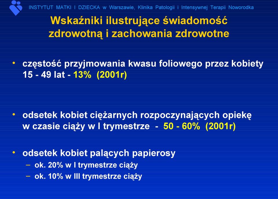 ciężarnych rozpoczynających opiekę w czasie ciąży w I trymestrze - 50-60% (2001r)