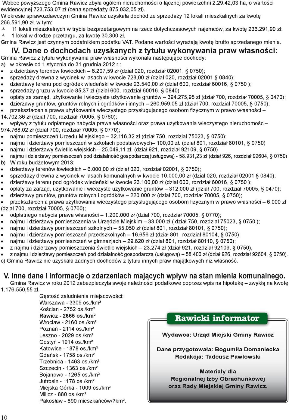 w tym: 11 lokali mieszkalnych w trybie bezprzetargowym na rzecz dotychczasowych najemców, za kwotę 236.291,90 zł. 10 1 lokal w drodze przetargu, za kwotę 30.300 zł.