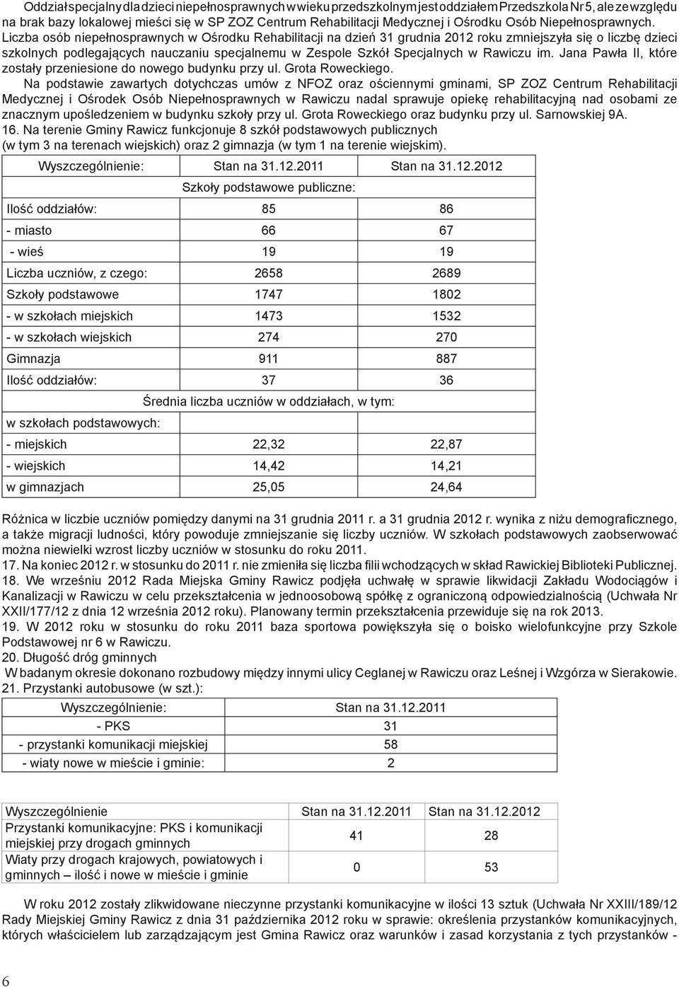 Liczba osób niepełnosprawnych w Ośrodku Rehabilitacji na dzień 31 grudnia 2012 roku zmniejszyła się o liczbę dzieci szkolnych podlegających nauczaniu specjalnemu w Zespole Szkół Specjalnych w Rawiczu