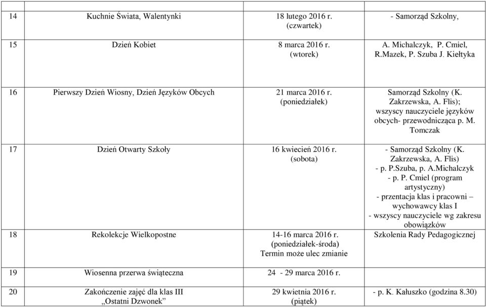 (poniedziałek-środa) Termin może ulec zmianie Samorząd Szkolny (K. Zakrzewska, A. Flis); wszyscy nauczyciele języków obcych- przewodnicząca p. M. Tomczak - Samorząd Szkolny (K. Zakrzewska, A. Flis) - p.