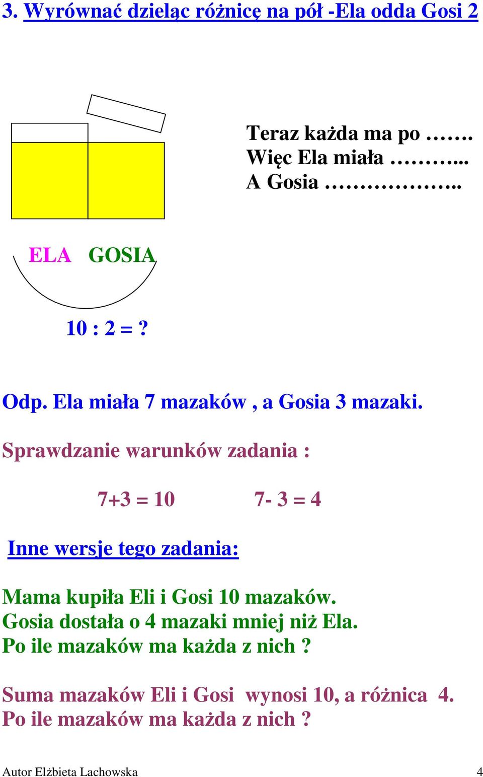 Sprawdzanie warunków zadania : 7+3 = 10 7-3 = 4 Inne wersje tego zadania: Mama kupiła Eli i Gosi 10 mazaków.
