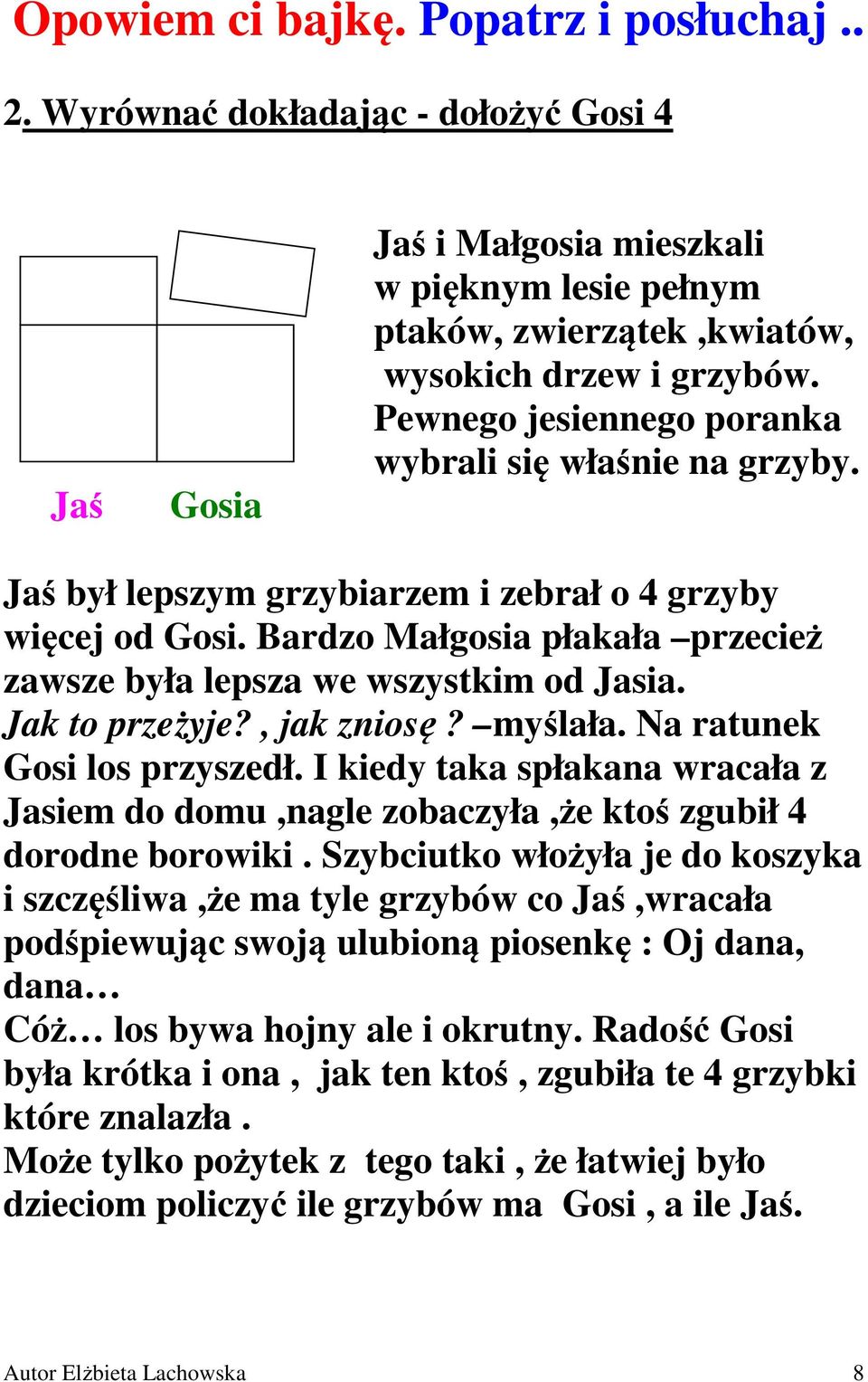 Jak to przeżyje?, jak zniosę? myślała. Na ratunek Gosi los przyszedł. I kiedy taka spłakana wracała z Jasiem do domu,nagle zobaczyła,że ktoś zgubił 4 dorodne borowiki.