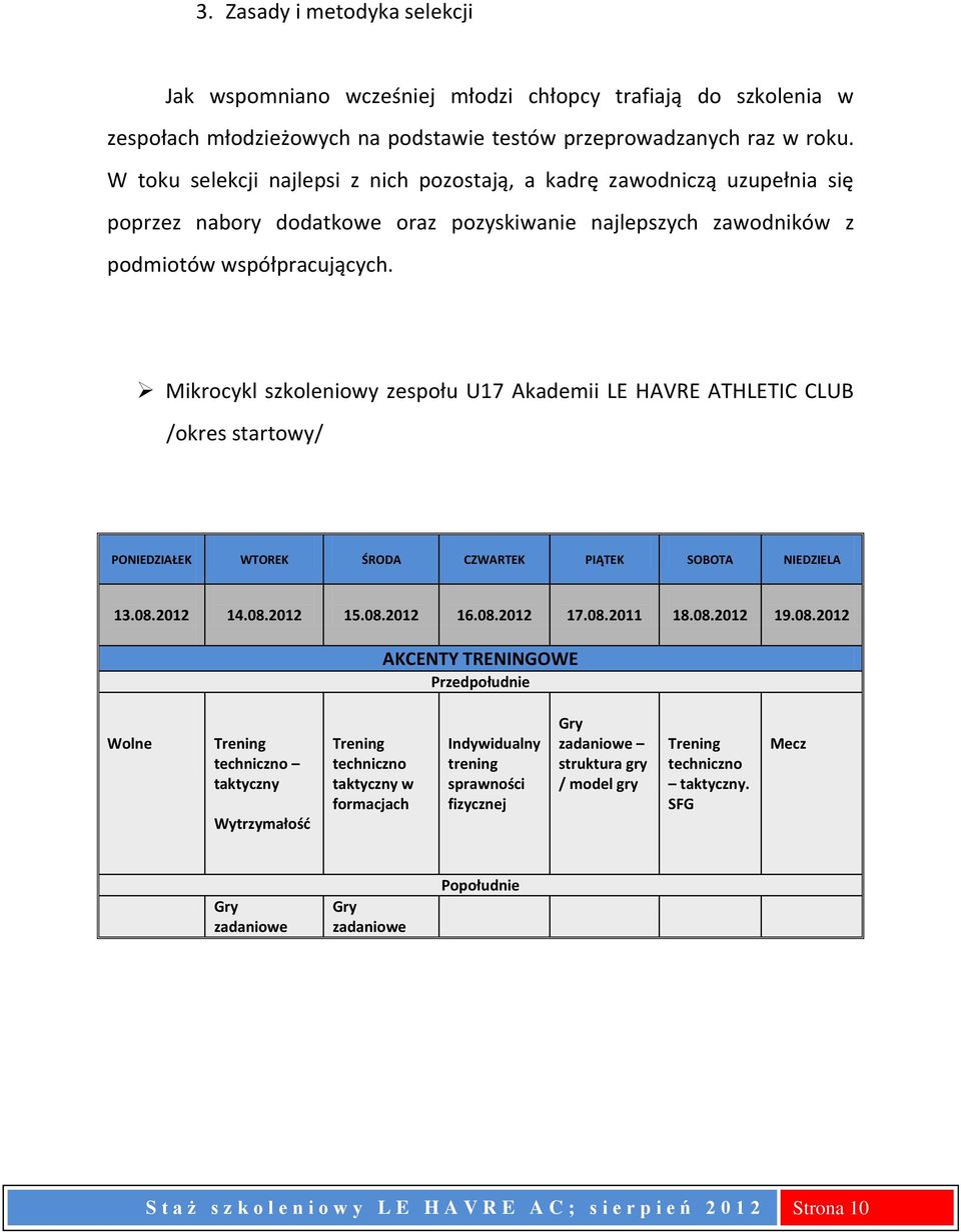 Mikrocykl szkoleniowy zespołu U17 Akademii LE HAVRE ATHLETIC CLUB /okres startowy/ PONIEDZIAŁEK WTOREK ŚRODA CZWARTEK PIĄTEK SOBOTA NIEDZIELA 13.08.2012 14.08.2012 15.08.2012 16.08.2012 17.08.2011 18.