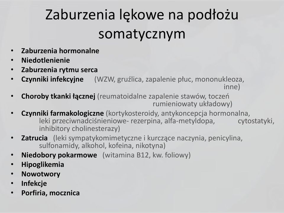 antykoncepcja hormonalna, leki przeciwnadciśnieniowe- rezerpina, alfa-metyldopa, cytostatyki, inhibitory cholinesterazy) Zatrucia (leki sympatykomimetyczne i