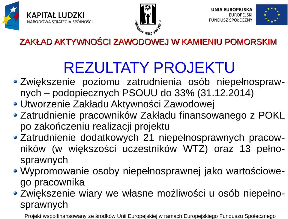 realizacji projektu Zatrudnienie dodatkowych 21 niepełnosprawnych pracowników (w większości uczestników WTZ) oraz 13