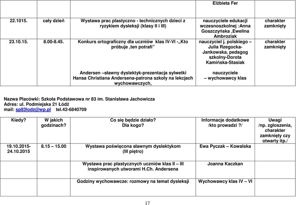 edukacji wczesnoszkolnej :Anna Goszczyńska,Ewelina Ambroziak nauczyciel j.