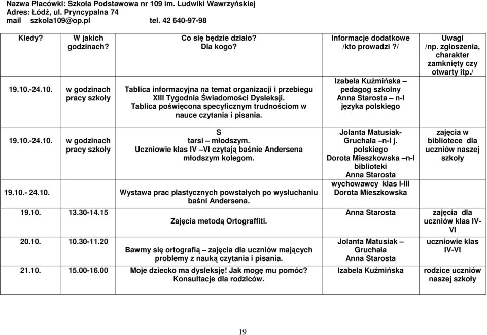 Uczniowie klas IV VI czytają baśnie Andersena młodszym kolegom. 19.10.- 24.10. Wystawa prac plastycznych powstałych po wysłuchaniu baśni Andersena. 19.10. 13.30-14.15 20.10. 10.30-11.