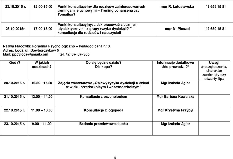 Płoszaj Mgr Bez 42 659 15 81 Nazwa Placówki: Poradnia Psychologiczno Pedagogiczna nr 3 Adres: Łódź, ul. Dowborczyków 5 Mail: ppp3lodz@gmail.com tel. 42/ 67-67- 305 20.10.2015 r. 16.30-17.