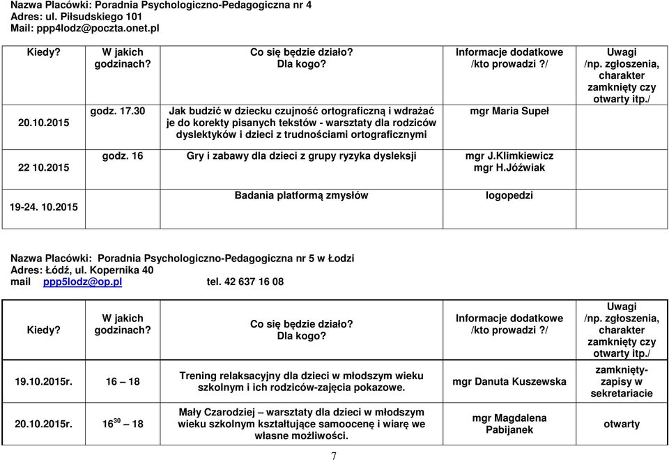 10.2015 godz. 16 Gry i zabawy dla dzieci z grupy ryzyka dysleksji mgr J.Klimkiewicz mgr H.